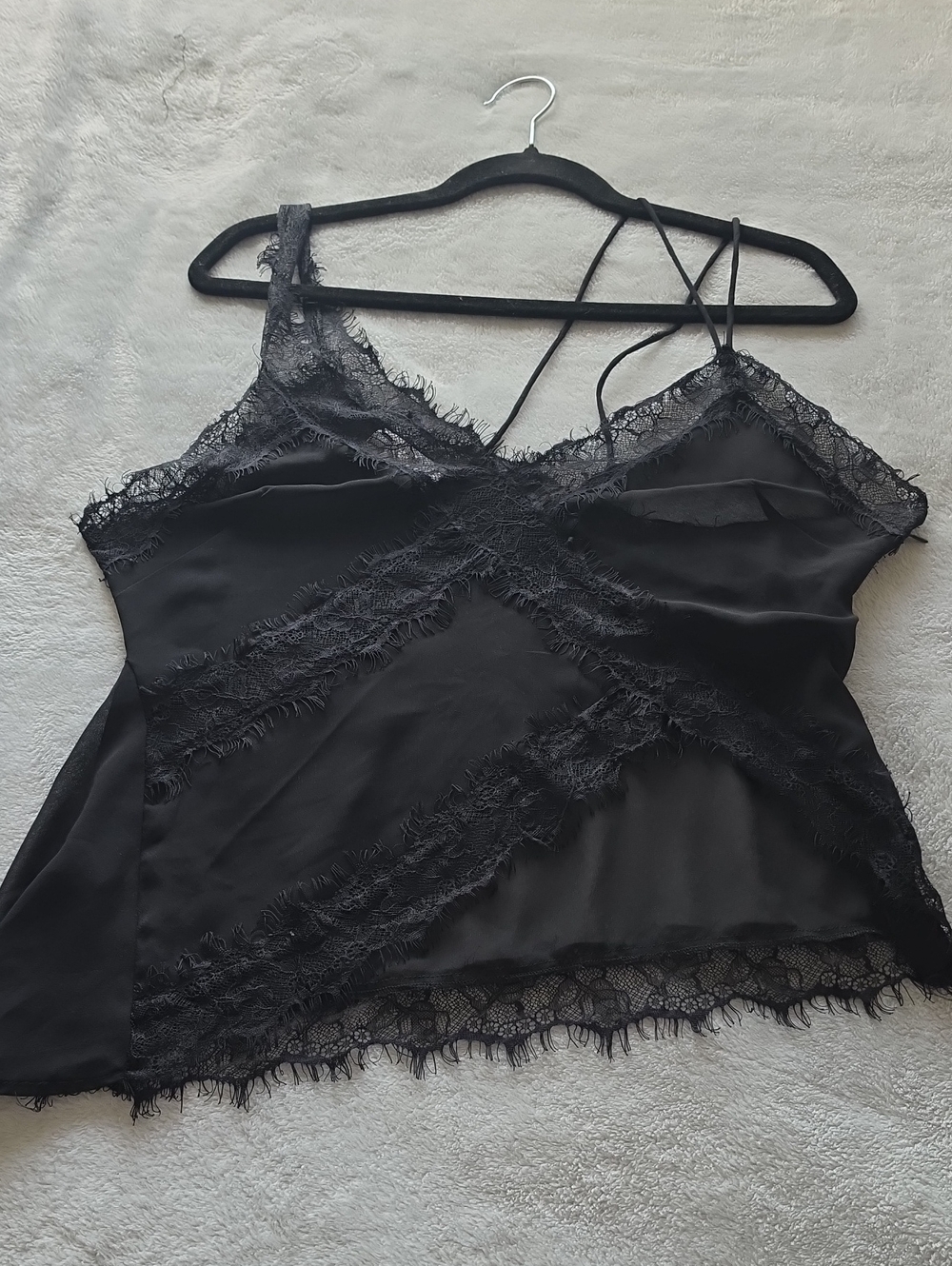 Asos Asymmetrical Black Lace Trim Satin Cami Top - Women